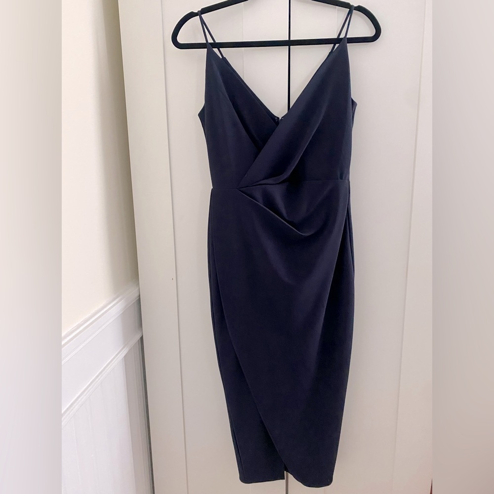 Betsey Johnson Size 2 Navy Blue Midi Faux Wrap Dress Sleeveless with Back Zipper